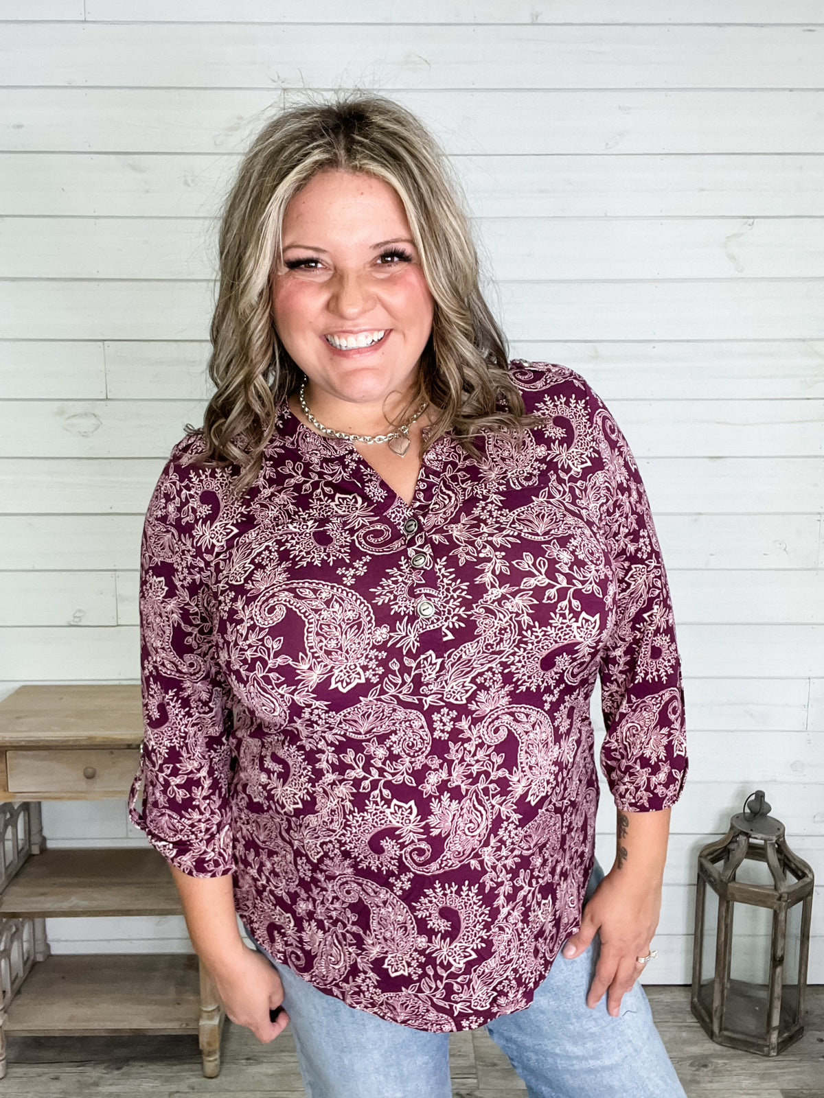 "Decagon" 3/4 Sleeve Button Front Lizzy Luxe