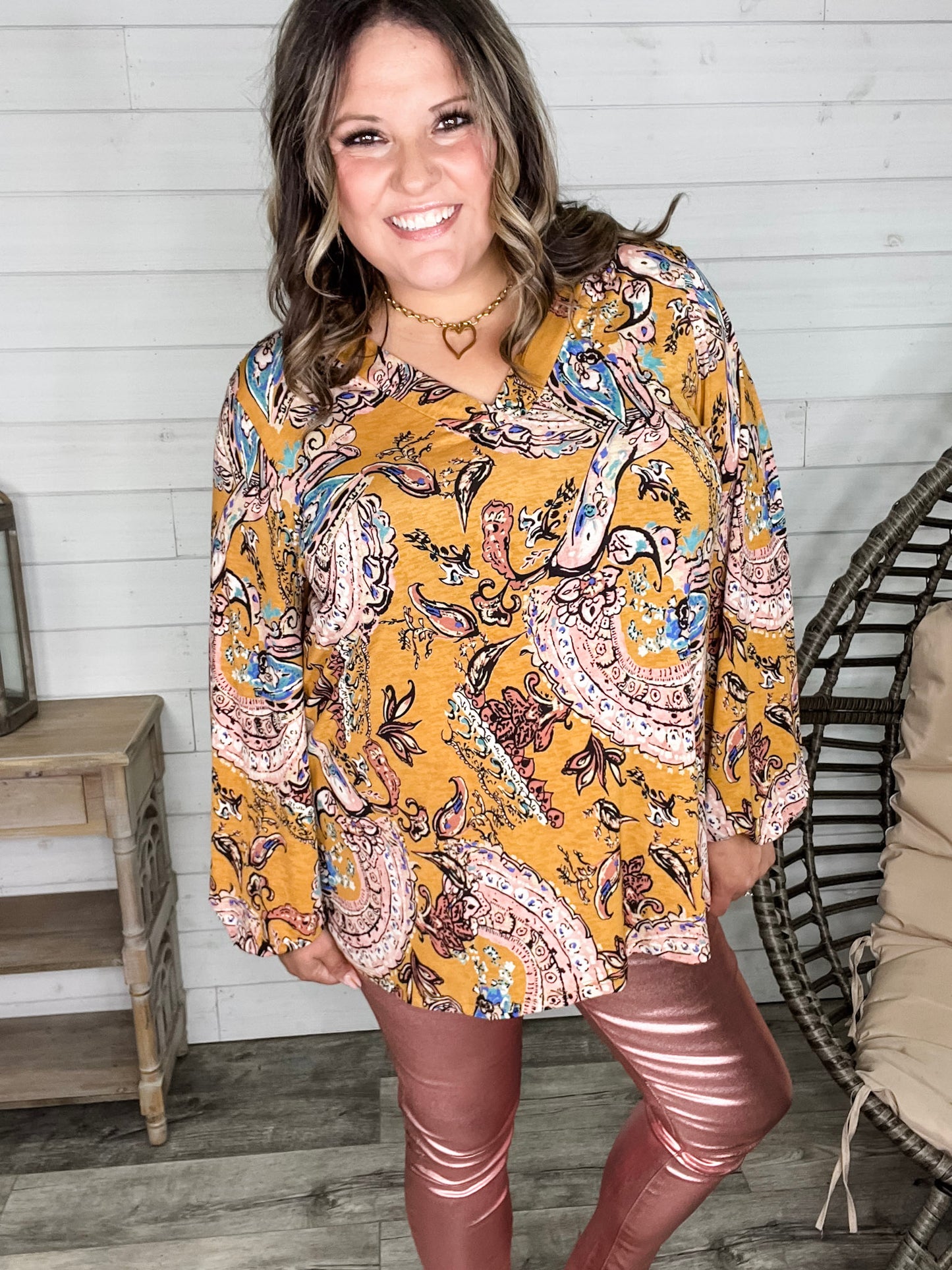 "Nova" Long Balloon Sleeve Paisley V Neck