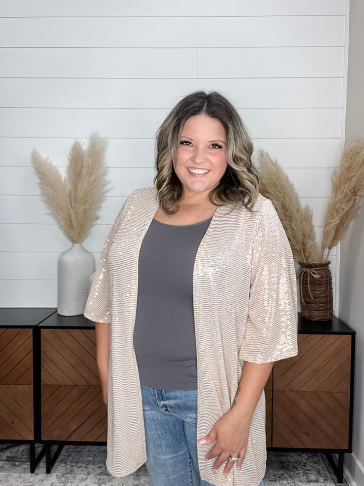 "Roosevelt" Short Sleeve Sparkle Cardigan with Double Ruffle Sleeve (Champagne)