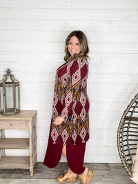 "Dutton" Aztec Print Cardigan with Pockets (Burgundy)