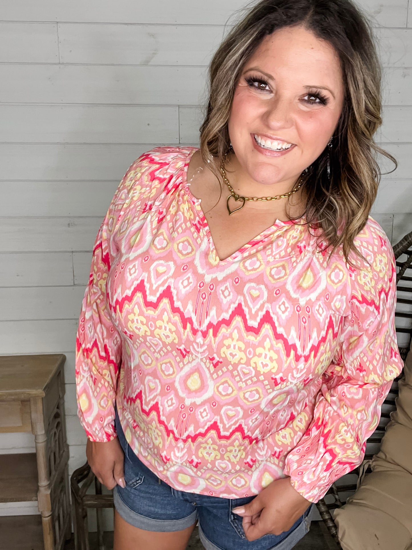 "Knick of Time" Long Sleeve V Neck Peasant Top