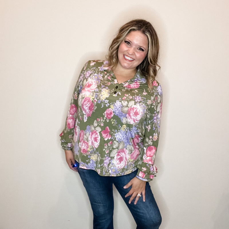 "Jump Right In" Ruffle Long Sleeve Collared V Neck with Button Detail