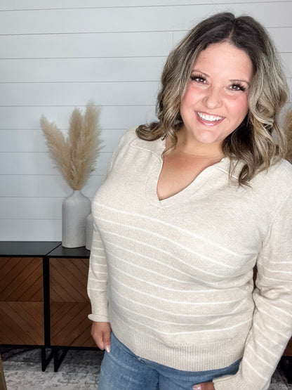 "Newsworthy" Long Sleeve Split Neck Sweater (Oatmeal)