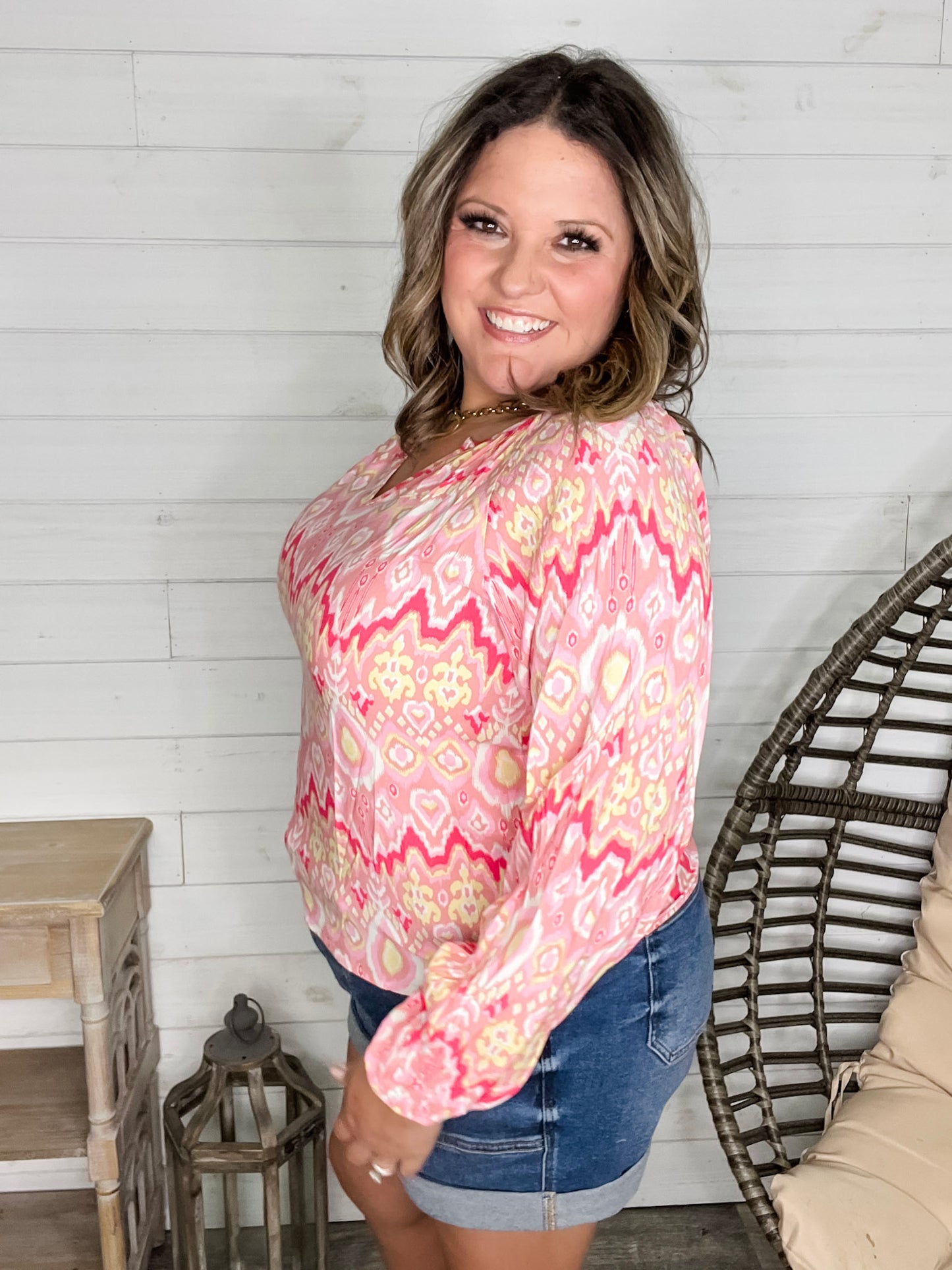 "Knick of Time" Long Sleeve V Neck Peasant Top