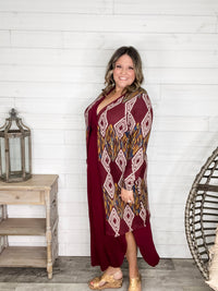"Dutton" Aztec Print Cardigan with Pockets (Burgundy)