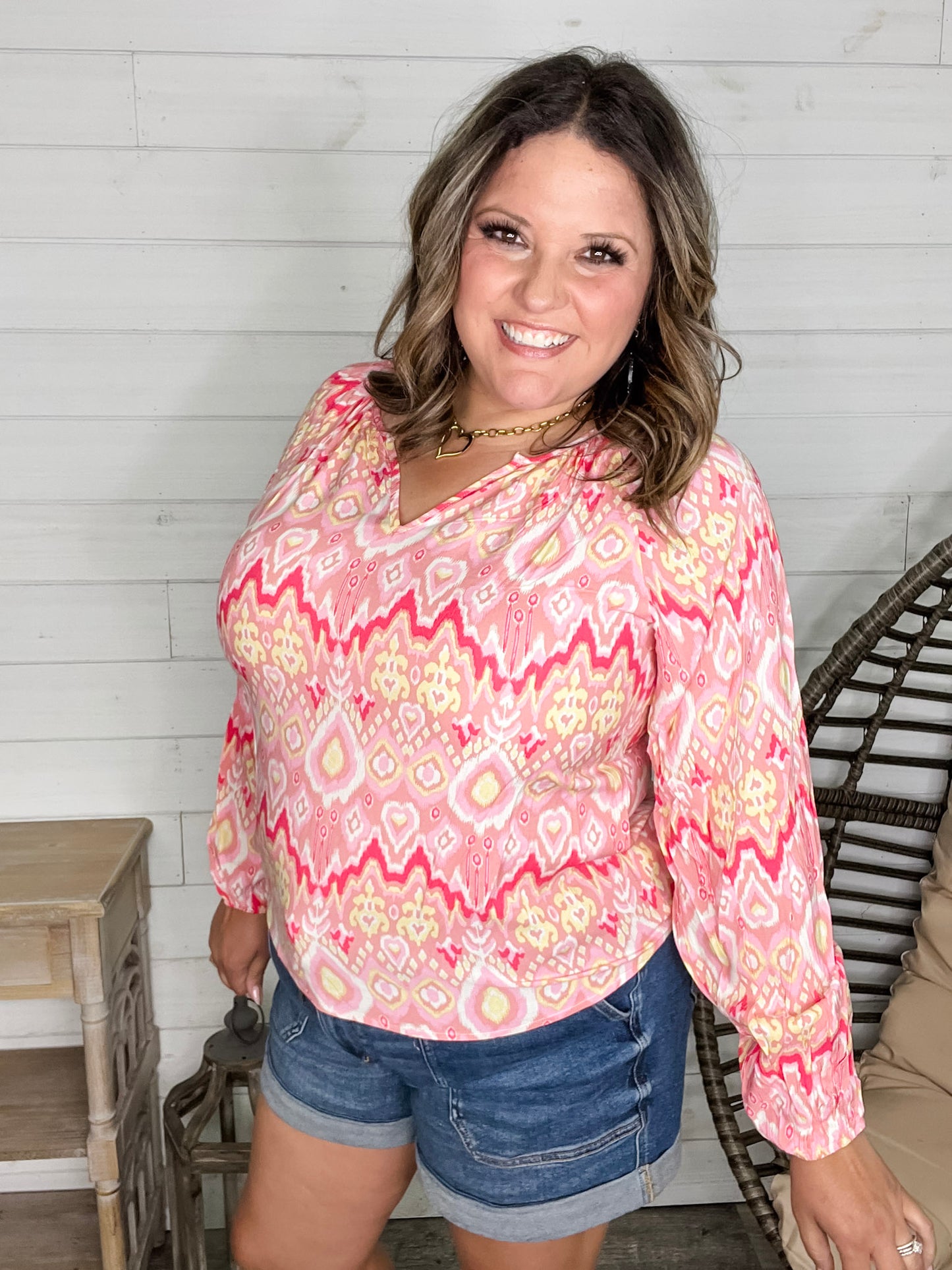 "Knick of Time" Long Sleeve V Neck Peasant Top