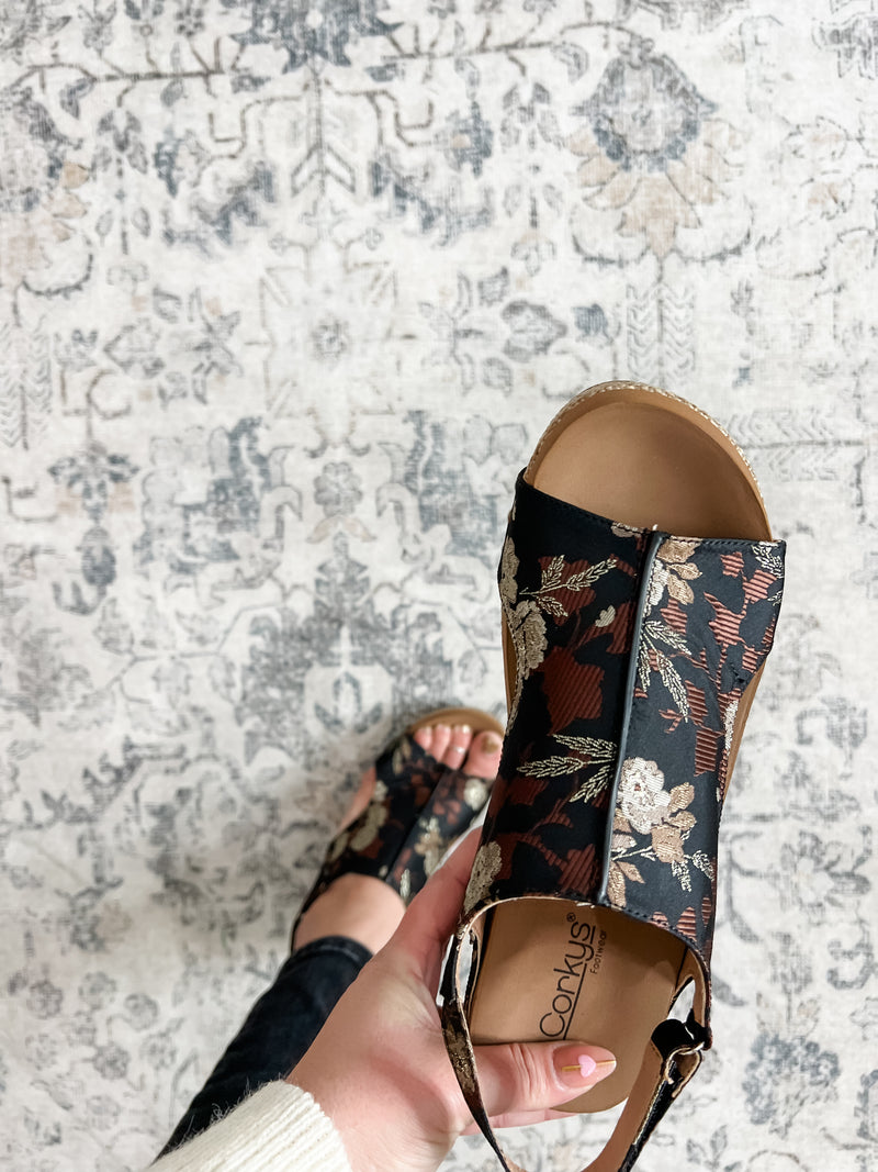 Corkys "Carley" Wedge Sandal (Black Tan Floral)