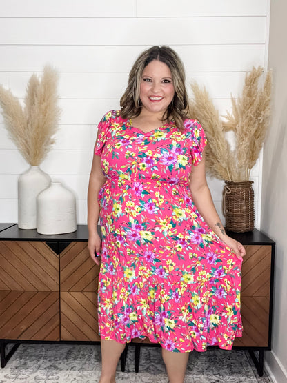 Floral Short Sleeve Tiered Dress