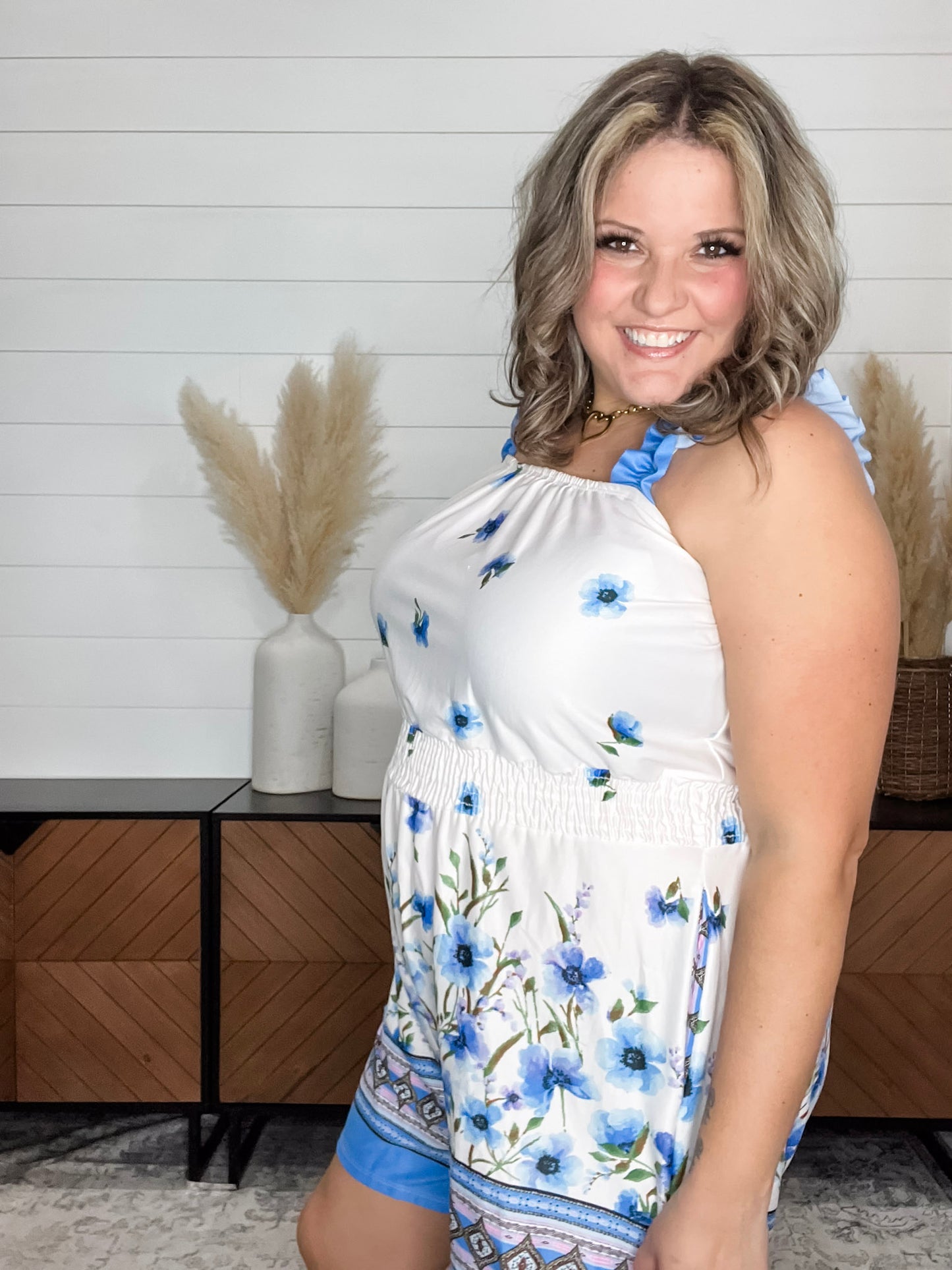 "Gideon" Ruffle Strap Romper with Pockets Cream & Blue