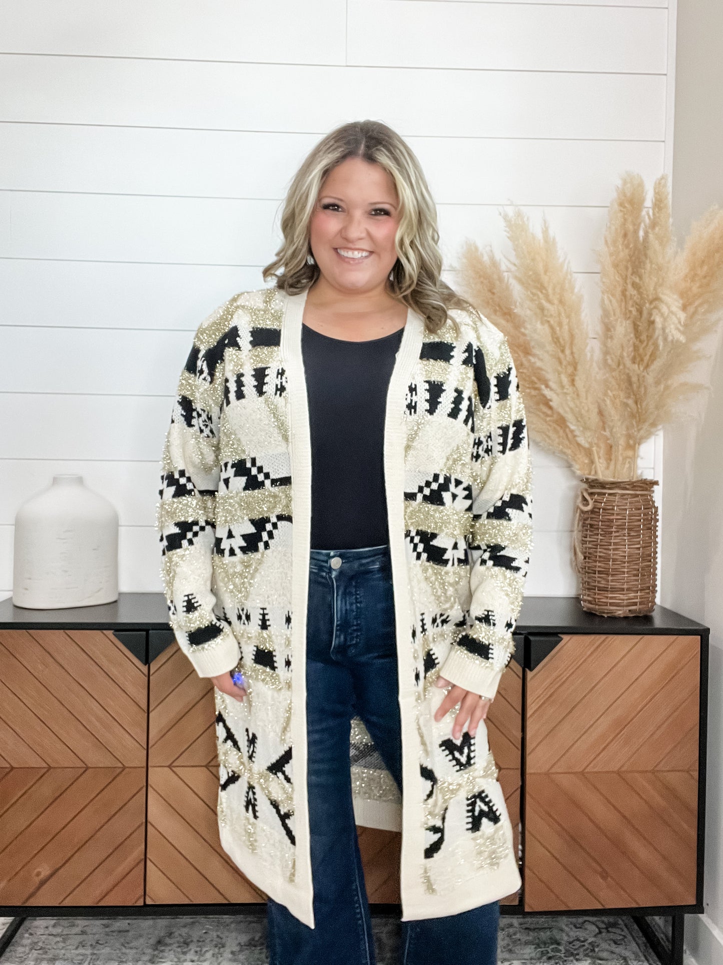 Aztec Cream Black and Gold Cardigan