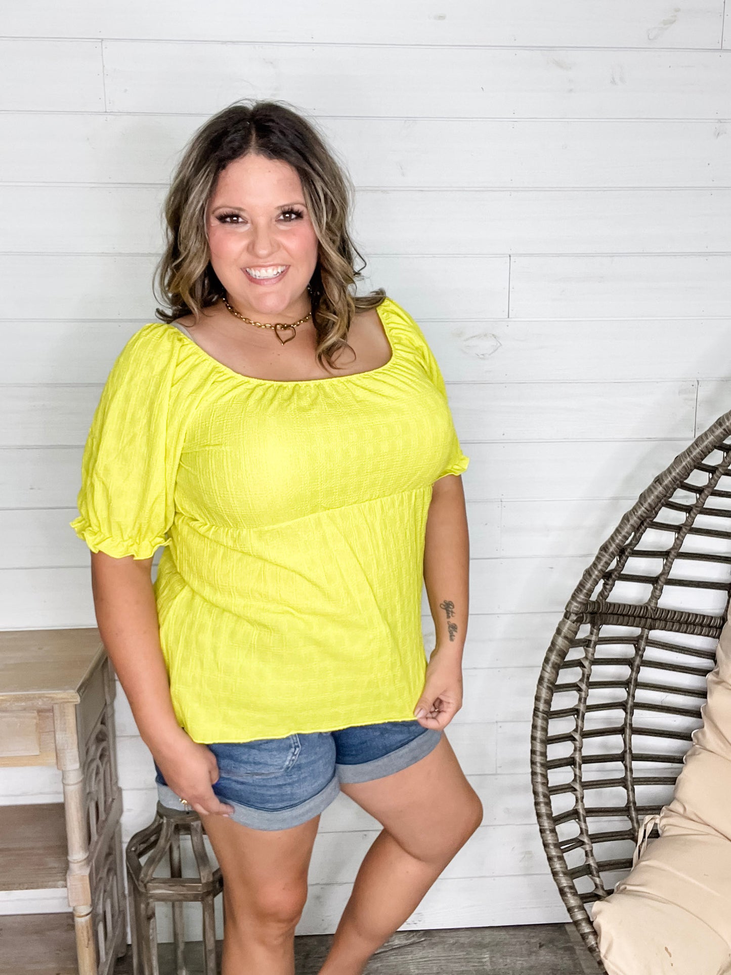 "Karma" Boho Peasant Short Sleeve Top (Lime)
