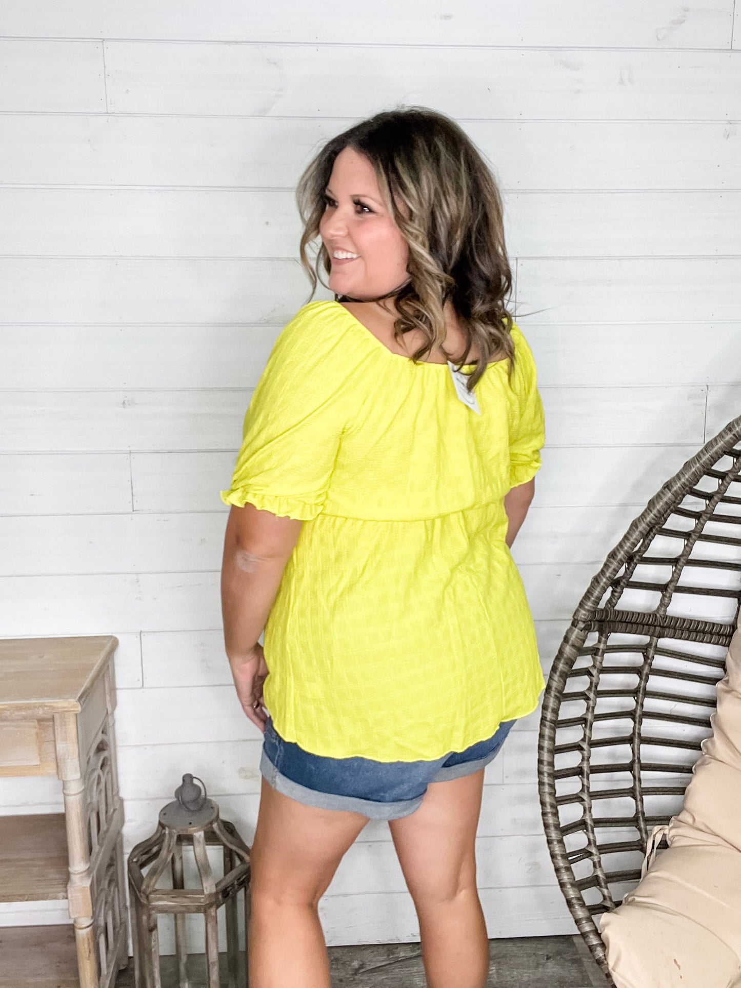 "Karma" Boho Peasant Short Sleeve Top (Lime)