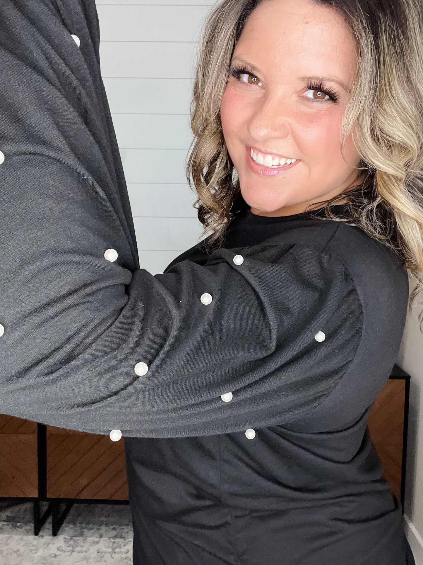 "Snazzy" Long Balloon Sleeve with Pearl Accents (Black)