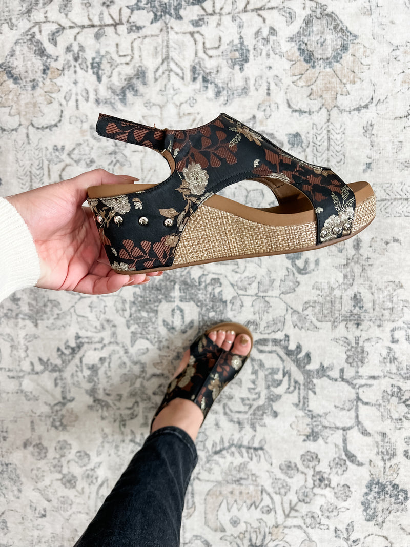 Corkys "Carley" Wedge Sandal (Black Tan Floral)