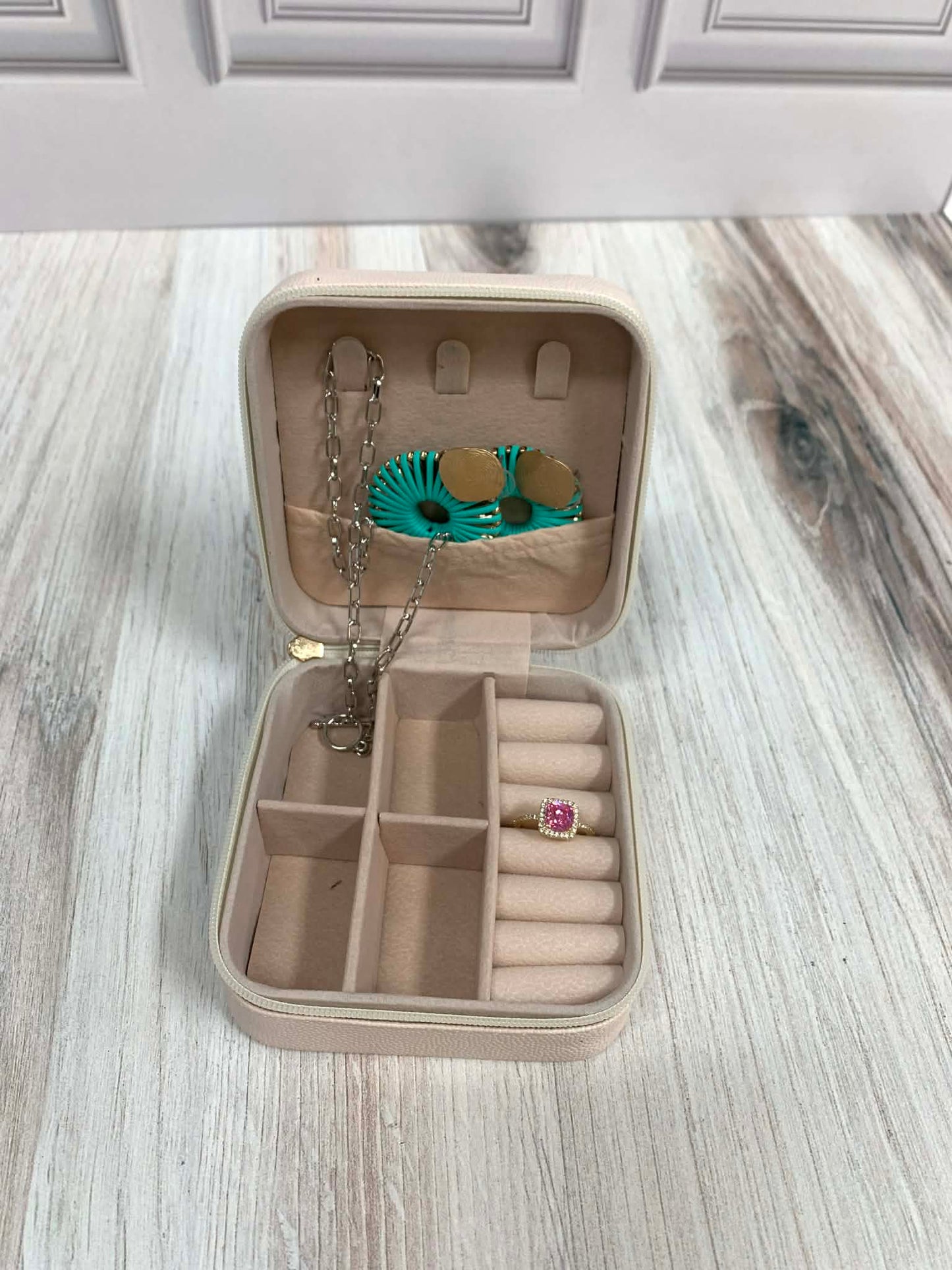 Vegan Leather Travel Jewelry Box With Diamond Stitch Detail