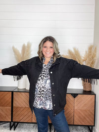 "Shake It Off" Black Denim Jacket with Fringe