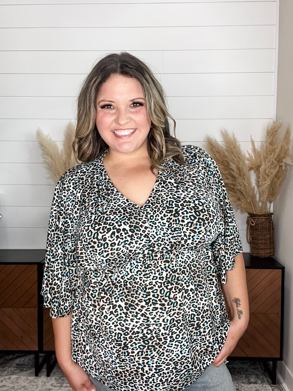Dear Scarlett "Not This Time" Animal Print V Neck 3/4 Bell Sleeve