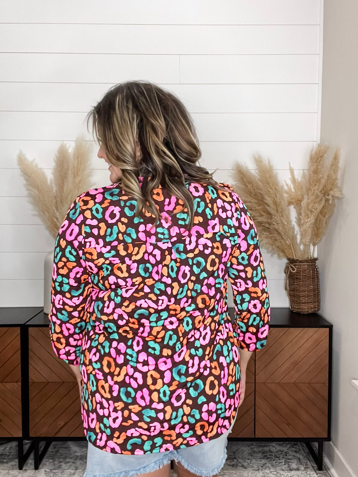 Dear Scarlett "Hastings" Animal Print Lizzy 3/4 Sleeve Split Neck