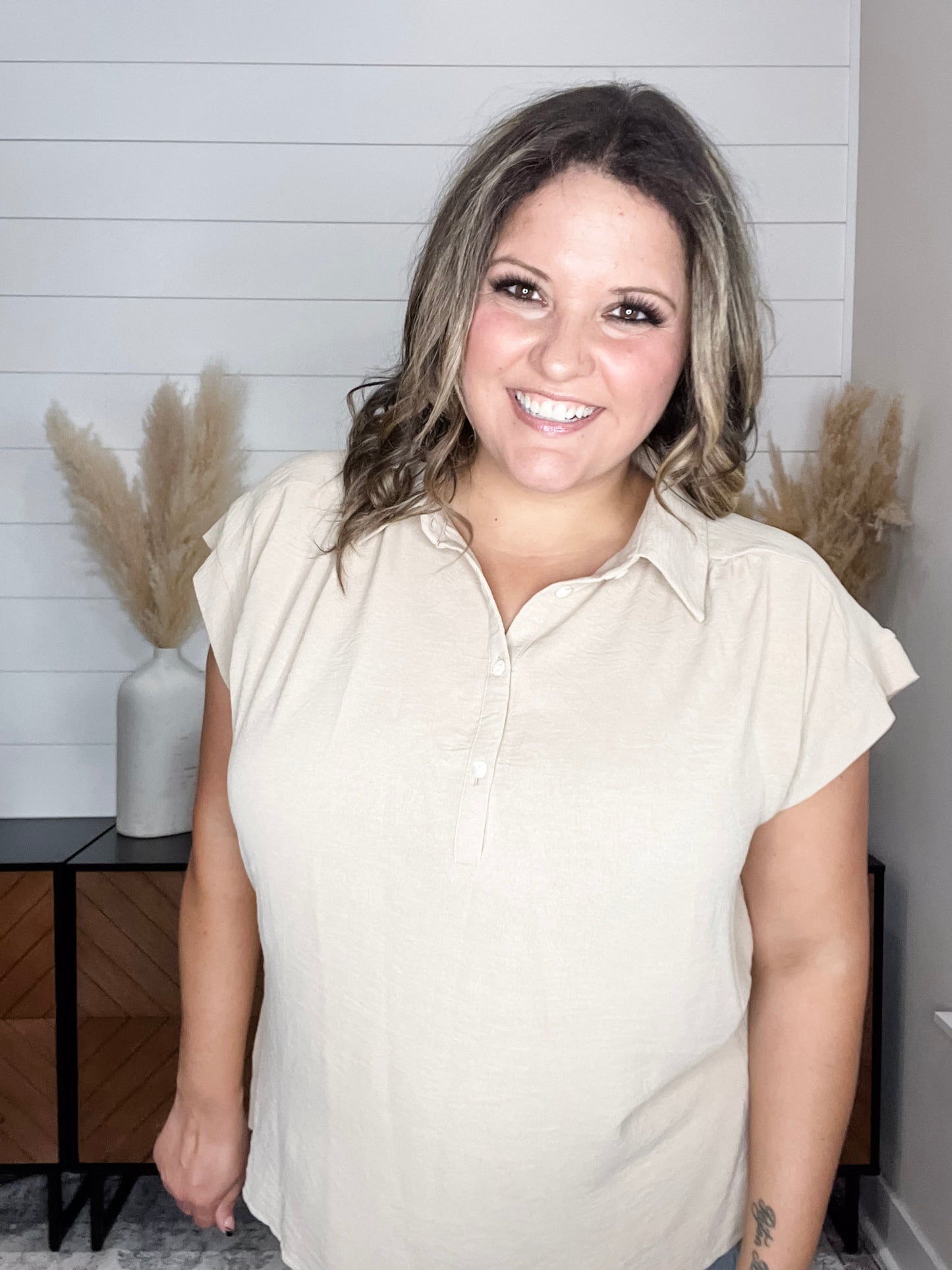 "Bailee" Collared Cap Sleeve Blouse with Front Buttons (Taupe)