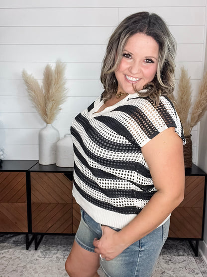 "Snapshot" Split Neck Short Sleeve Sweater