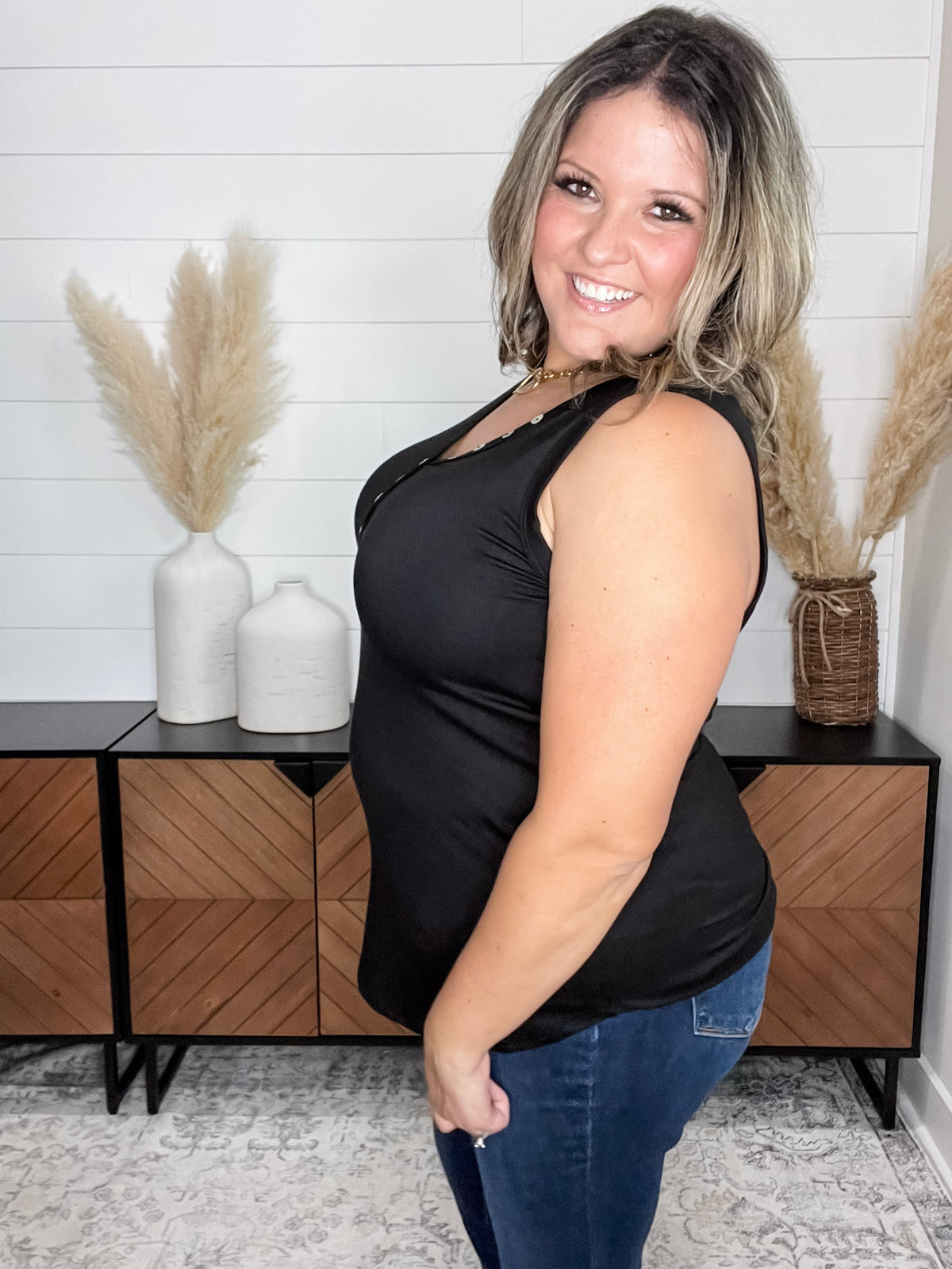 "Adamant" V Neck Faux Button Tank