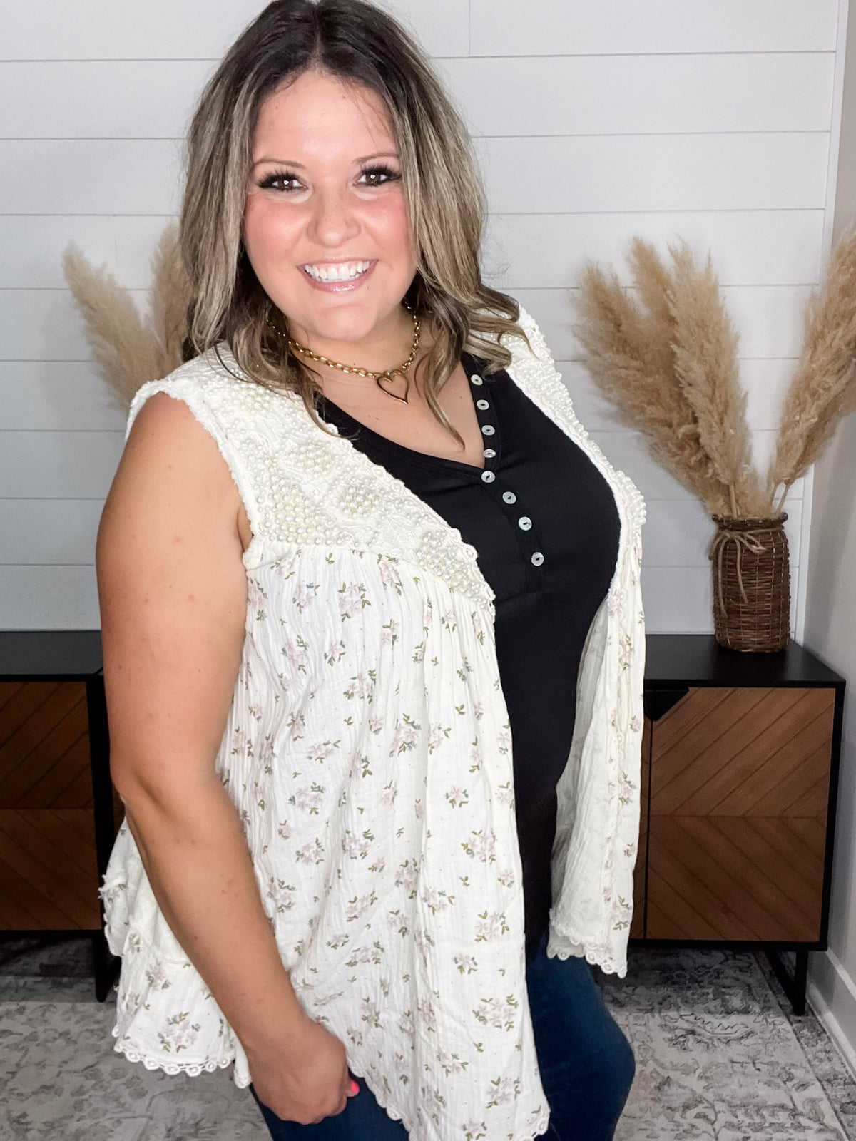 Pol - "Lansbury" Pearls & Lace Patchwork Vest