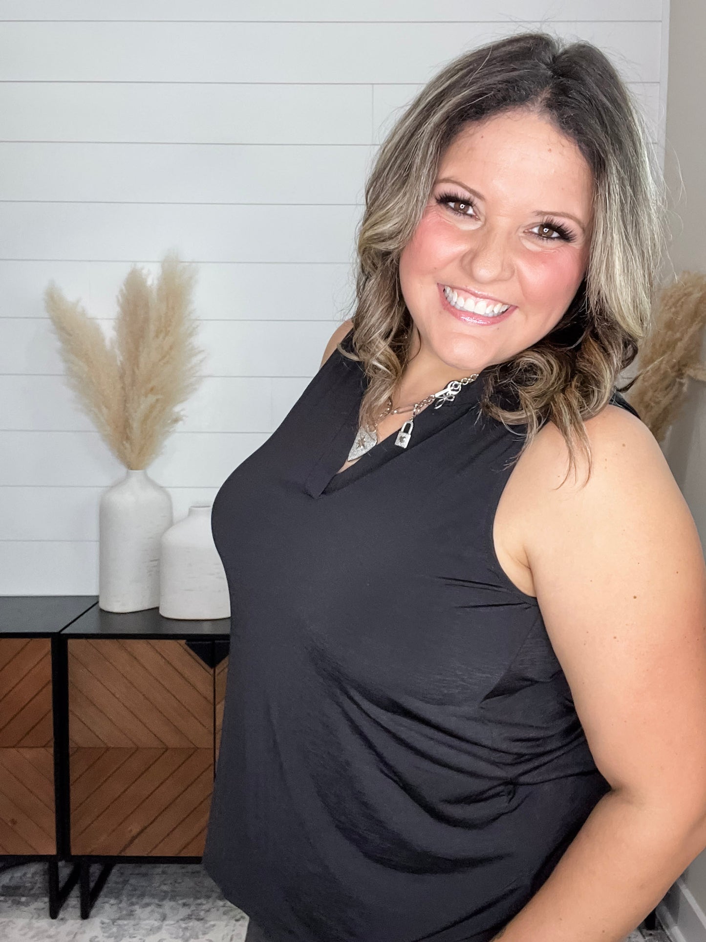 "Ok Maybe This" Sleeveless Split Neck (Black)