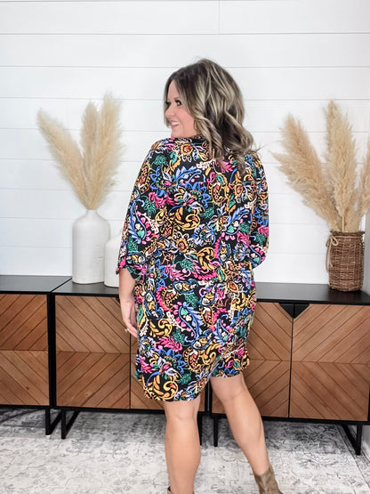 Dear Scarlett "Phosphorus" 3/4 Sleeve Split Neck Dress with Pockets
