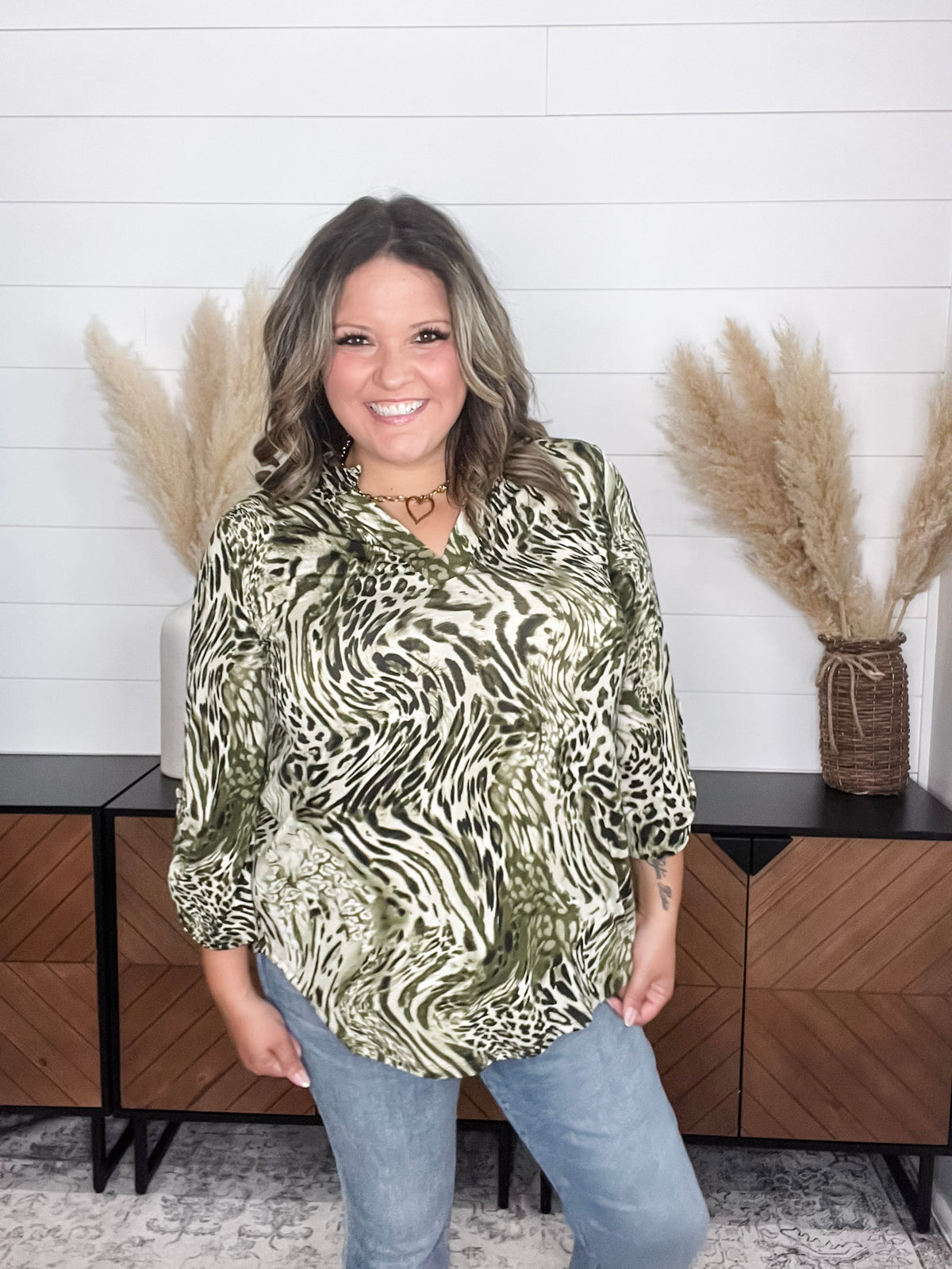 Dear Scarlett "Beliefs" Animal Print Lizzy 3/4 Sleeve Split Neck