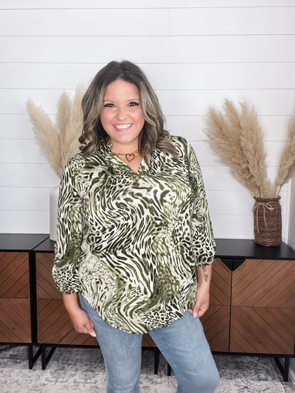 "Beliefs" Animal Print Lizzy 3/4 Sleeve Split Neck