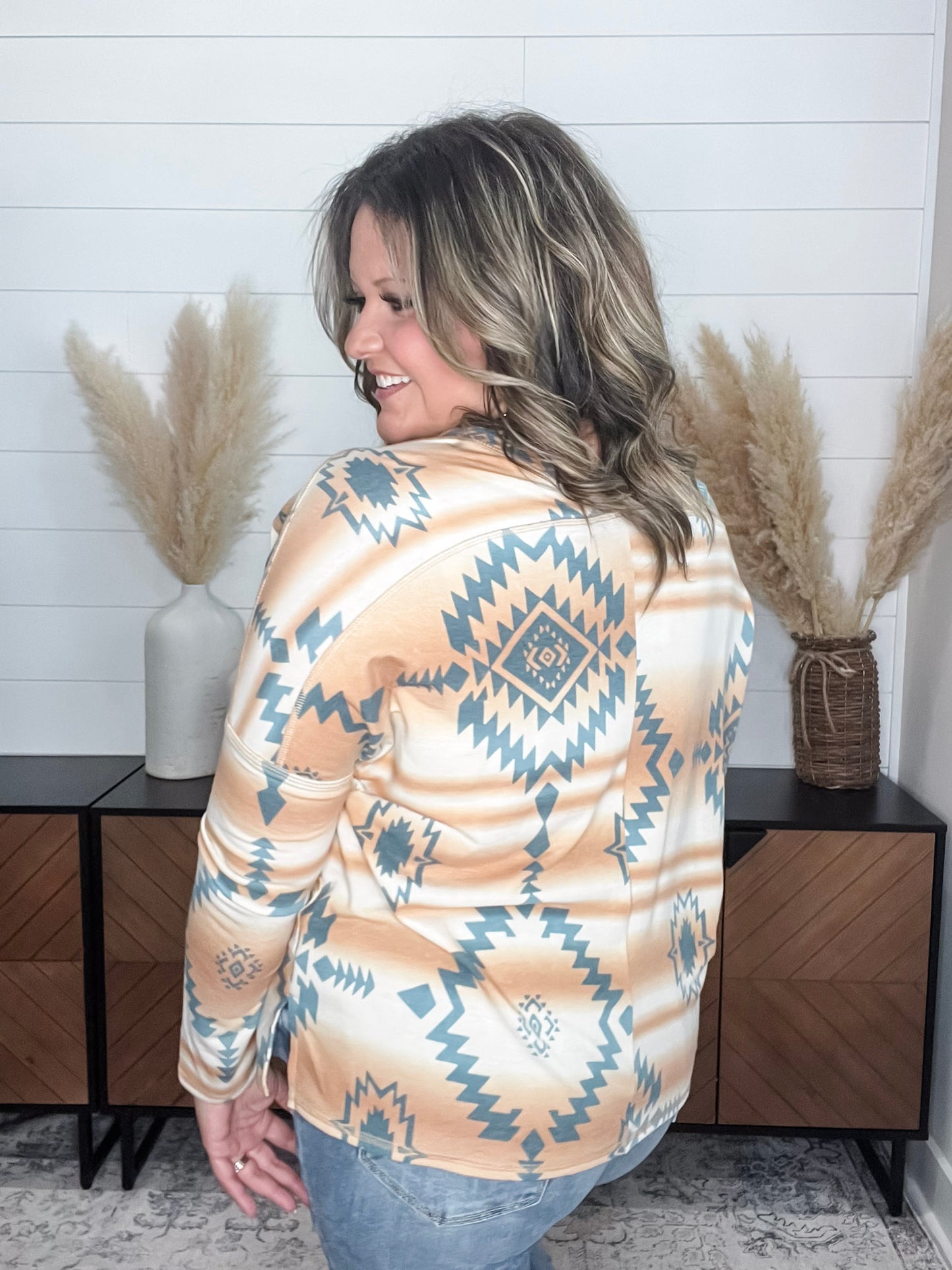"Cross That Bridge" V Neck and Back Design Aztec Print (Dark Peach)