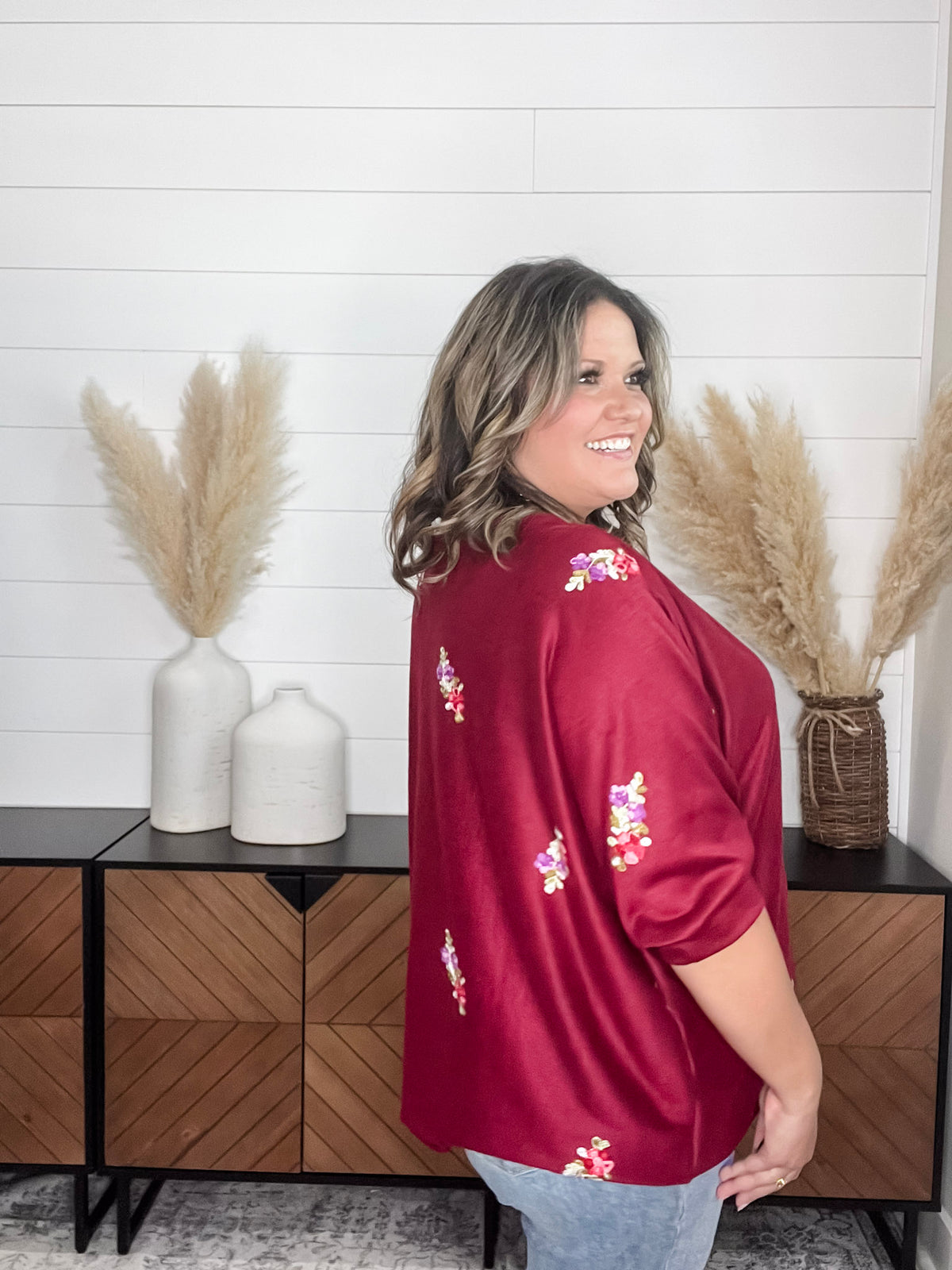 Dear Scarlett "Deceptive" Floral Embroidered Short Sleeve Dolman with Cuff and Collar (Wine)