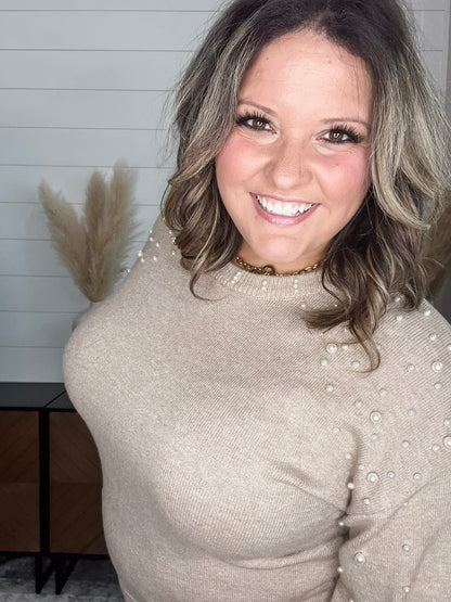 "Discreet" Long Sleeve Pearl Embellished Balloon Sleeve Sweater