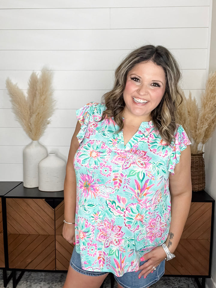 "Lockland" Flutter Sleeve Split Neck