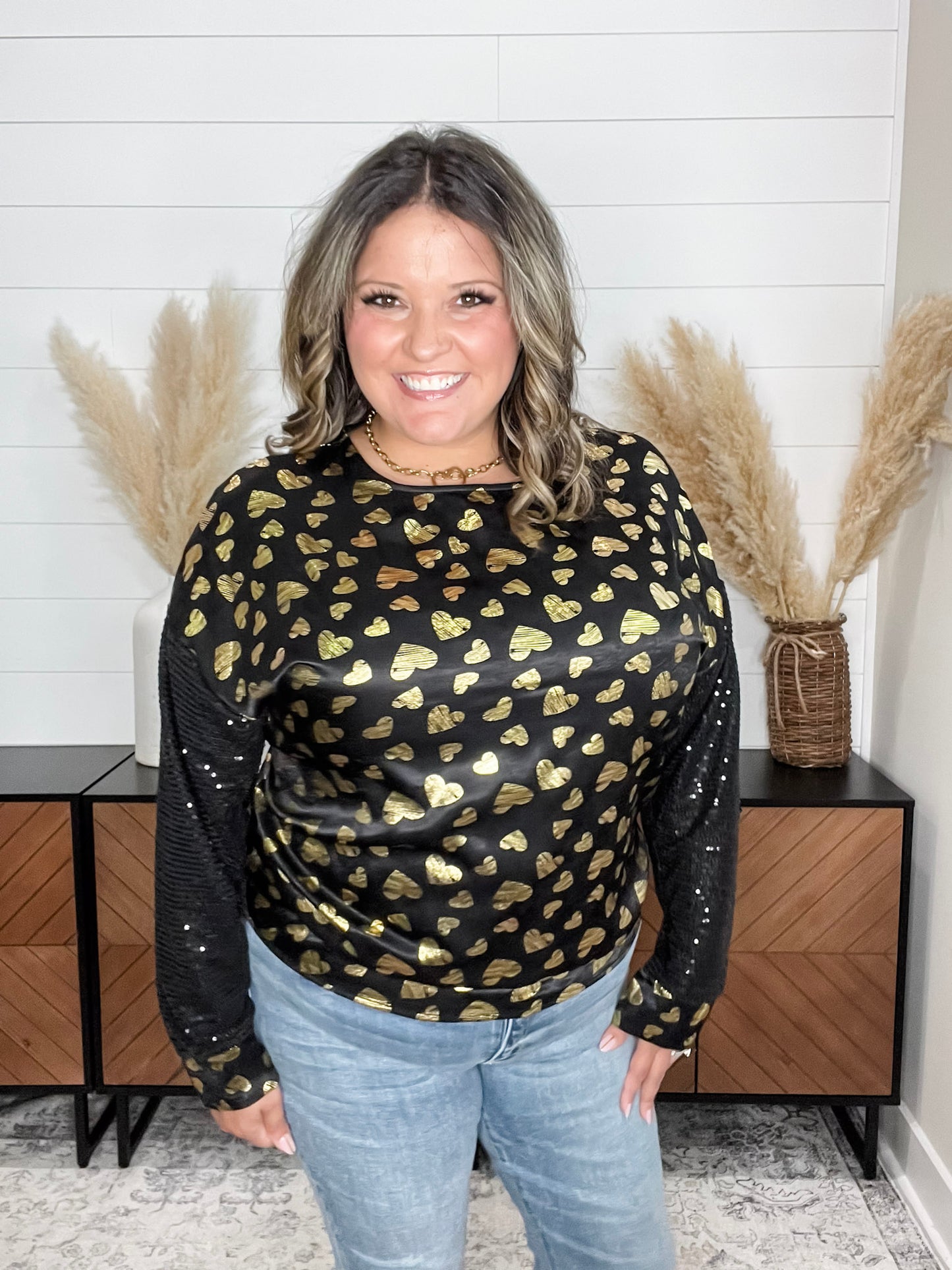 "Golden" Long Sequin Sleeved Top with Foil Hearts