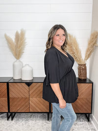 Dear Scarlett "Here We Go Again" V Neck 3/4 Bell Sleeve (Black)