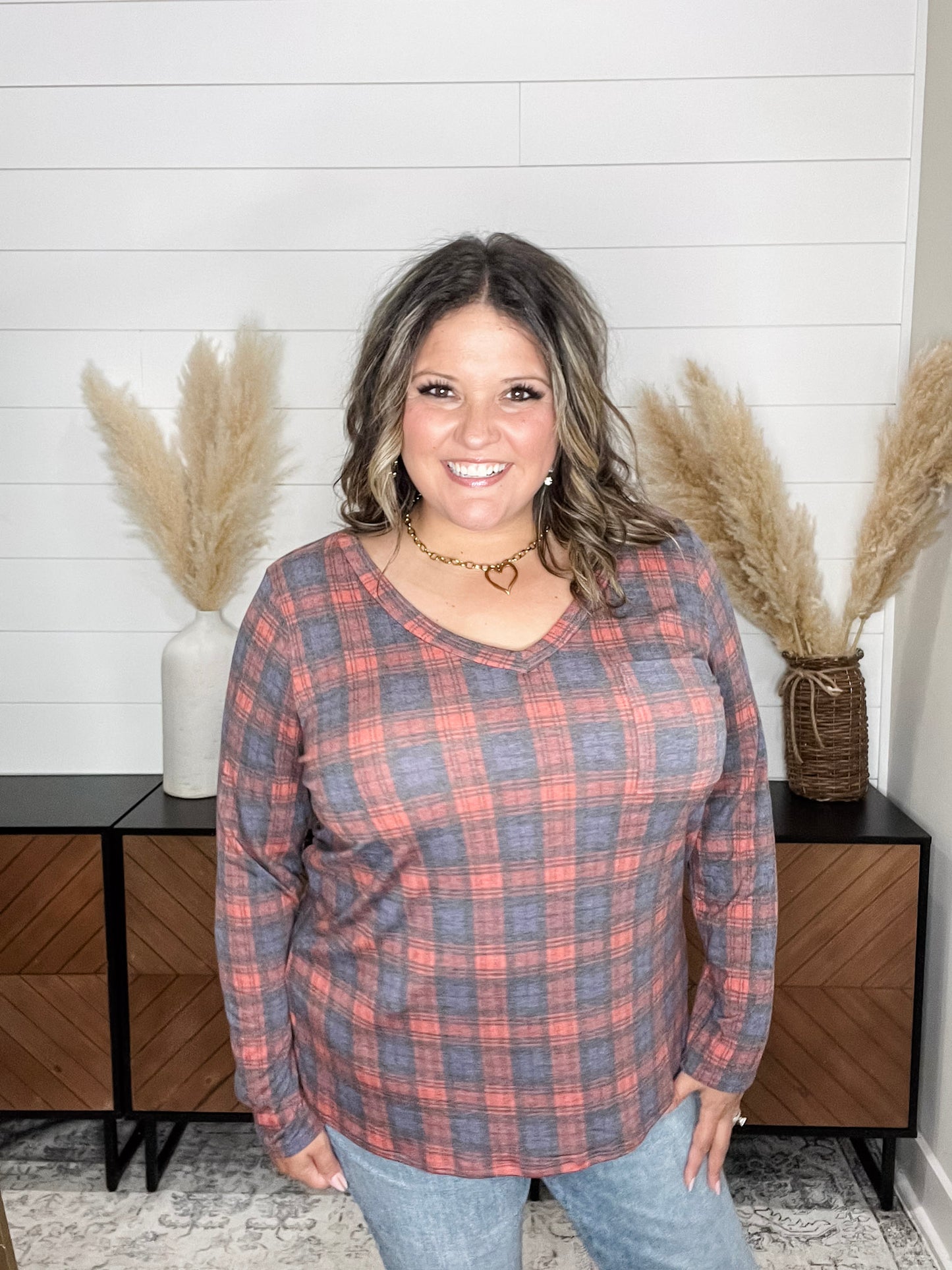 "In To It" Long Sleeve Plaid V Neck with Chest Pocket