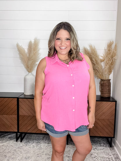 "Gibbs" Button Up Collared Tank (Hot Pink)