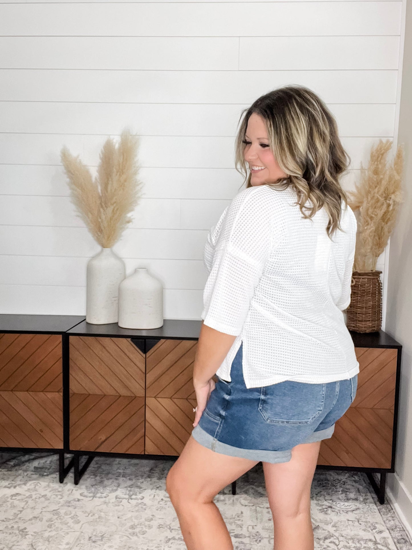 "Honey Bee" Short Sleeve Faux Button Detail Waffle Texture Tops (Ivory)