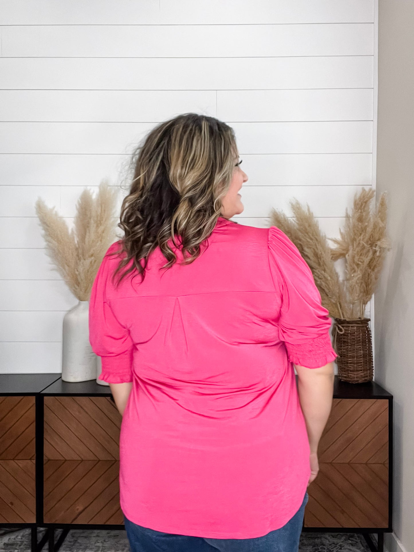 "Shocking" 3/4 Smocked Sleeve Split Neck (Hot Pink)