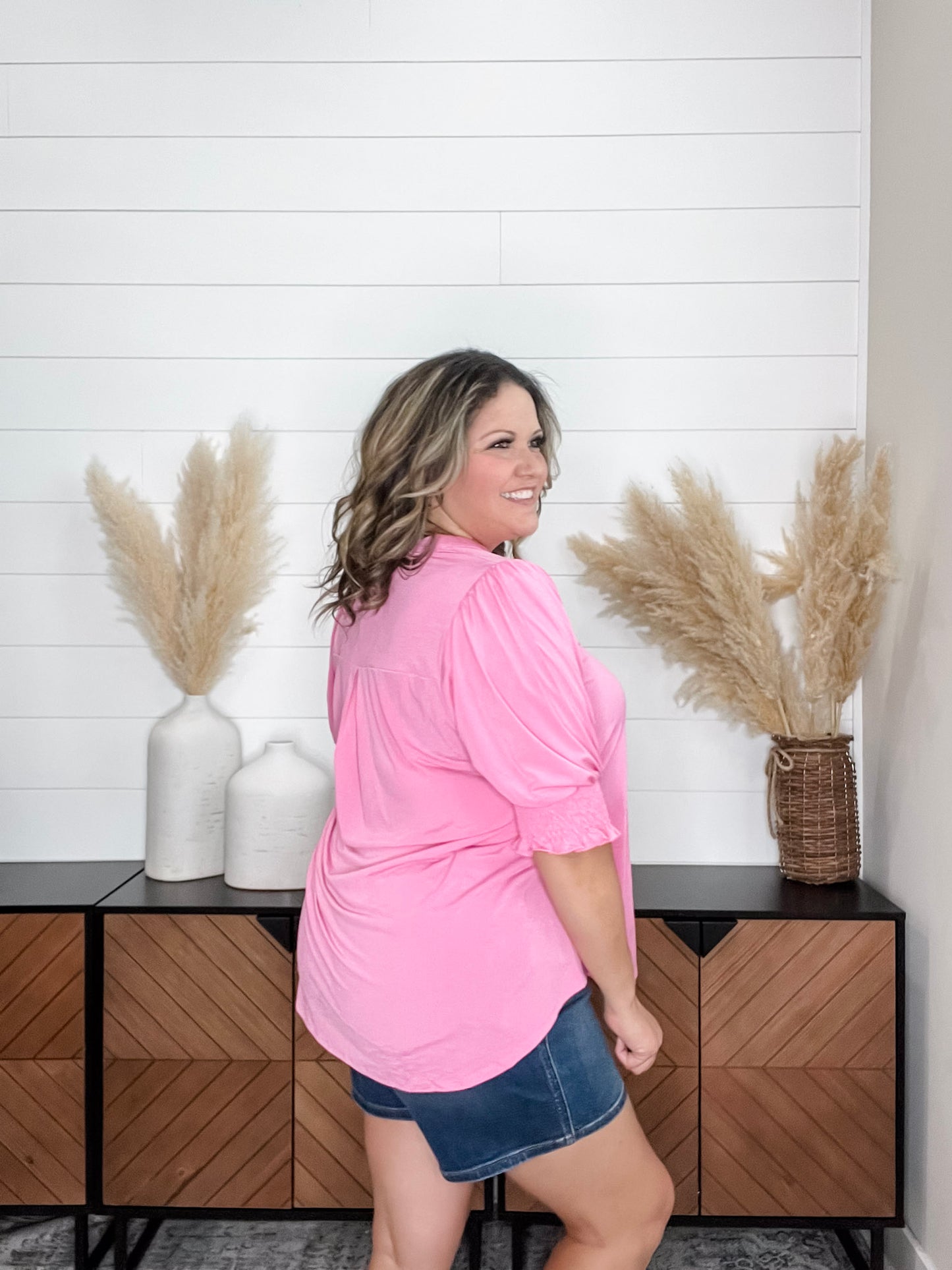 "Shocking" 3/4 Smocked Sleeve Split Neck (Pink)
