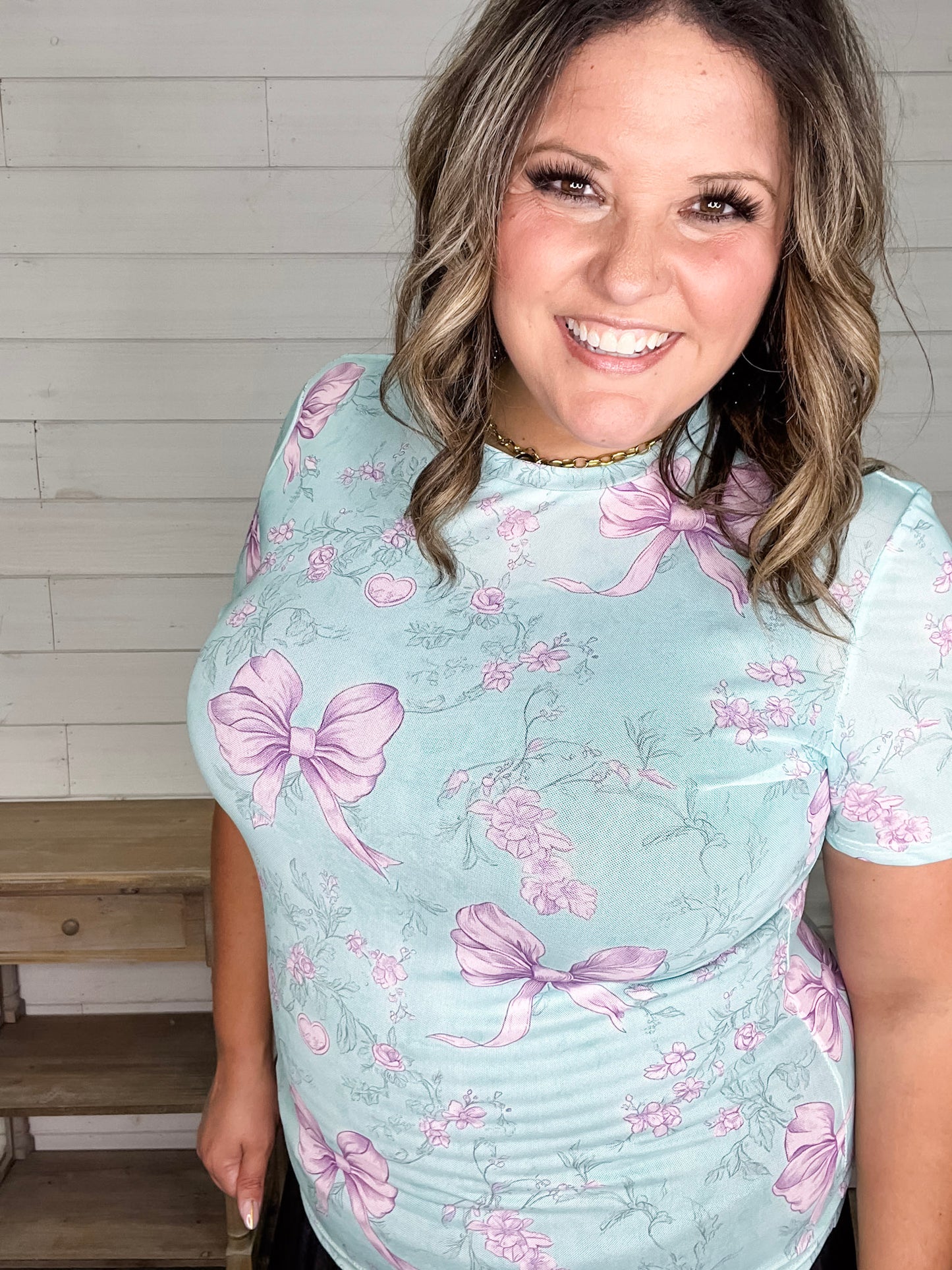 Shirley & Stone "Lavender Bows" Short Sleeve Mesh Top