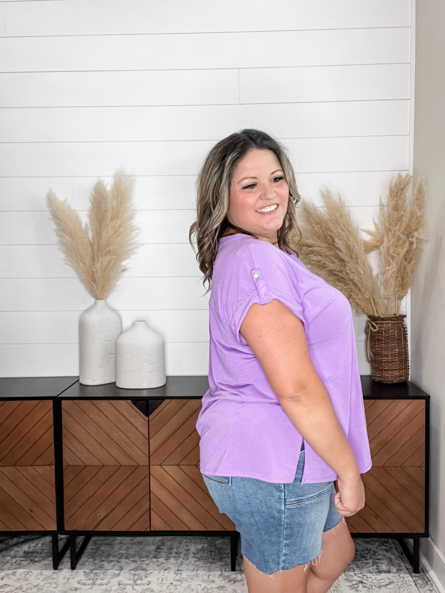 "Dare" Solid Split Neck Cuffed Short Sleeve (Lavender)
