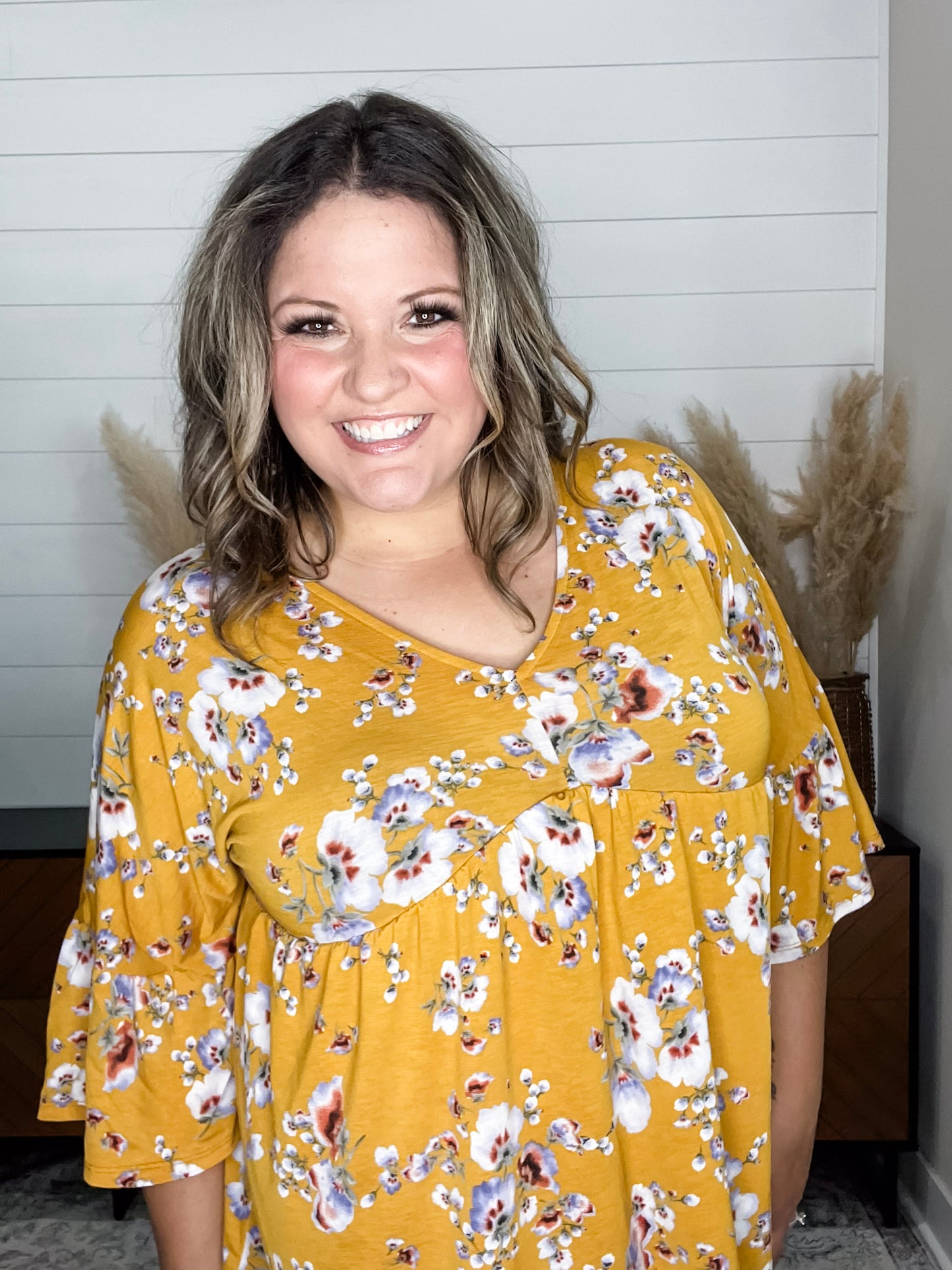 "About Face" Floral 3/4 Ruffle Sleeve Babydoll