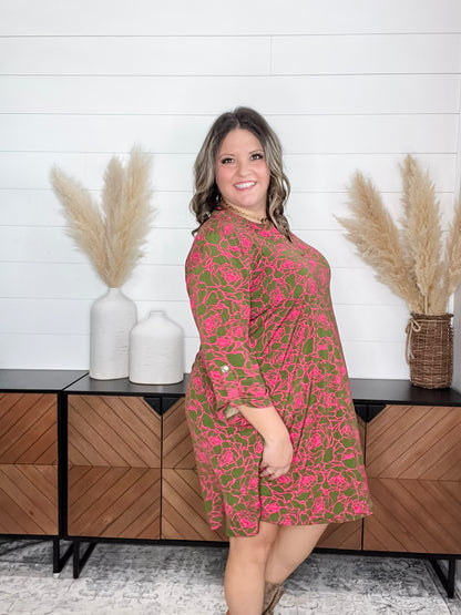 Dear Scarlett "Magnesium" 3/4 Sleeve Split Neck Dress with Pockets