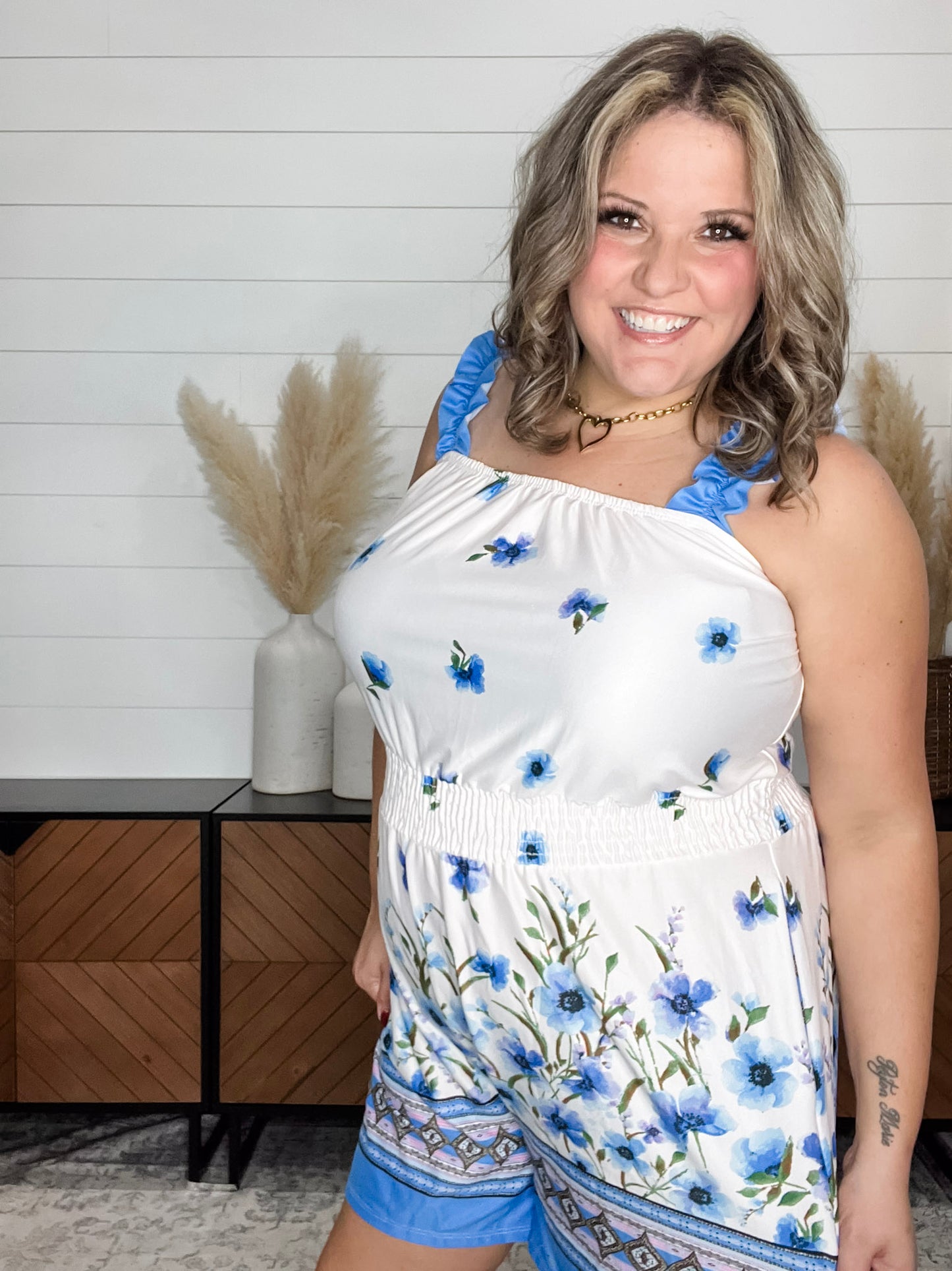 "Gideon" Ruffle Strap Romper with Pockets Cream & Blue