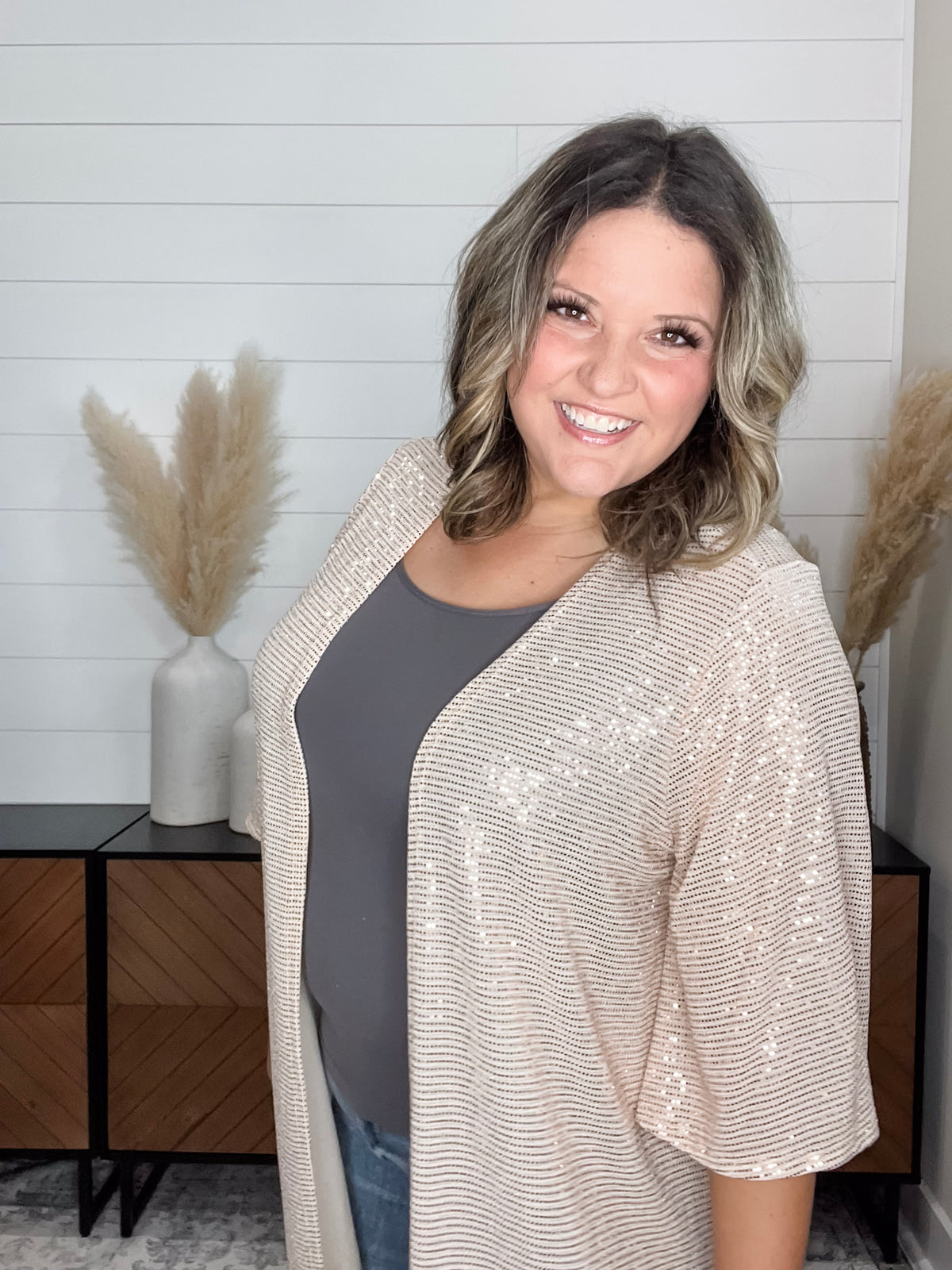 Dear Scarlett "Roosevelt" Short Sleeve Sparkle Cardigan with Double Ruffle Sleeve (Champagne)