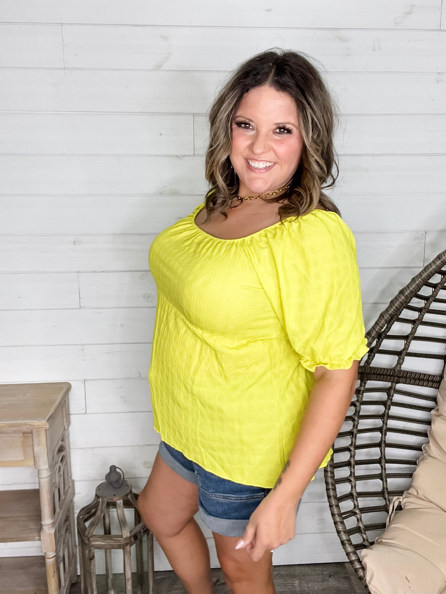 "Karma" Boho Peasant Short Sleeve Top (Lime)