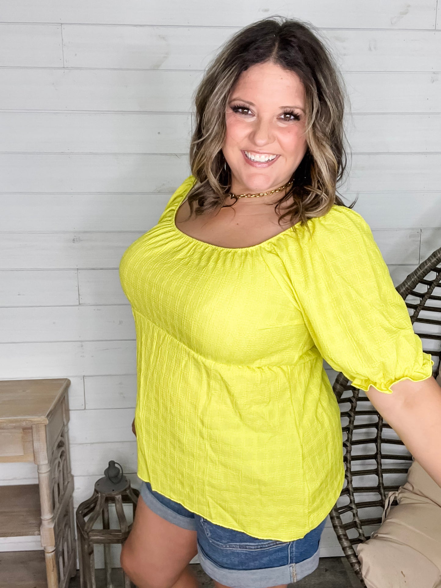 "Karma" Boho Peasant Short Sleeve Top (Lime)