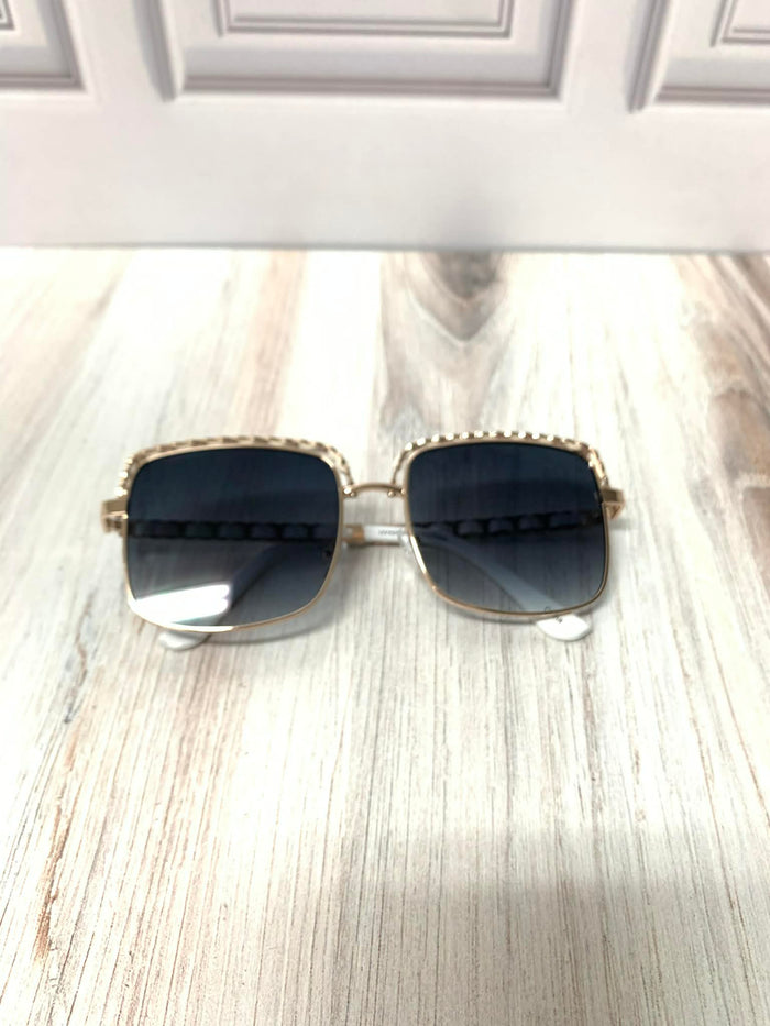 Square Frame Braided Design Sunglasses (Gold with White)